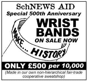 SchNEWS Aid - Special 500th Anniversary - Wrist Bands on sale. Only £500 per 10,000
