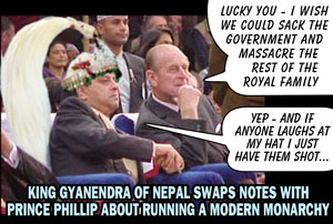 King Gyanendra of Nepal swaps notes with Prince Phillip about running a modern monarchy