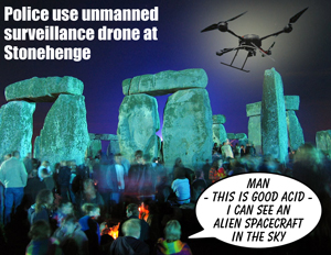 Police use unmanned surveillance drone at Stonehenge during the summer solstice celebrations.